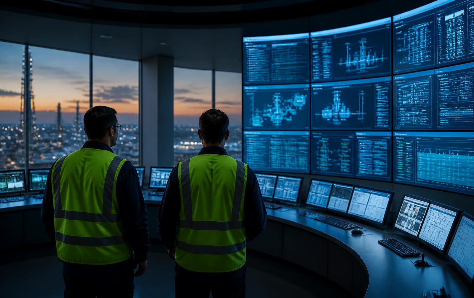 Engineers monitoring plant operations in an industrial control room