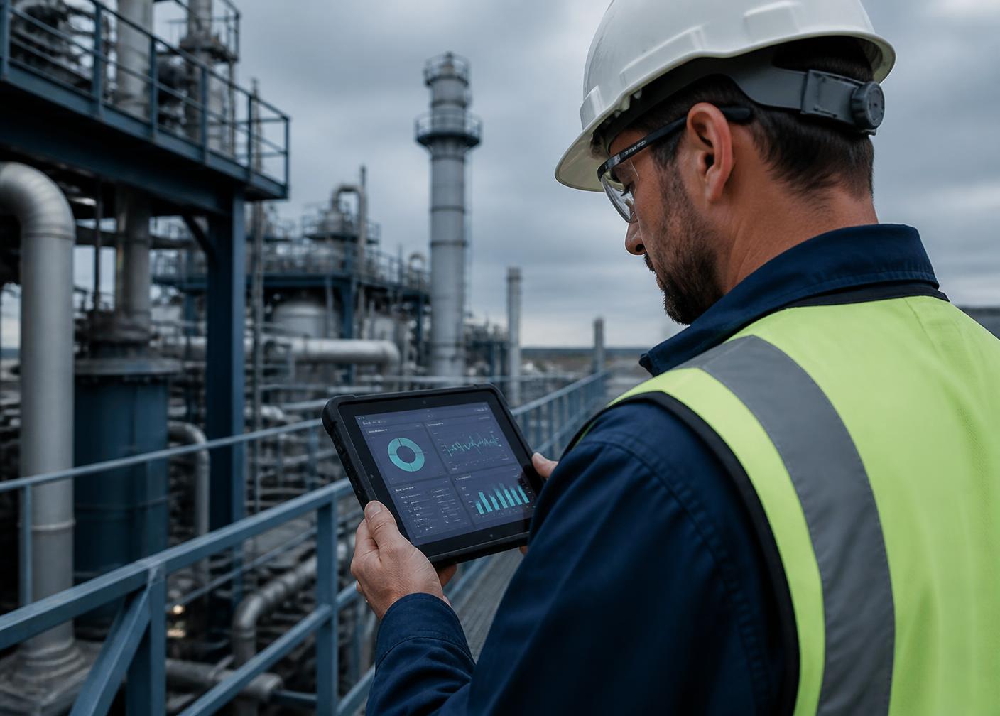 Safety engineer reviewing predictive risk dashboards on a tablet at a processing plant
